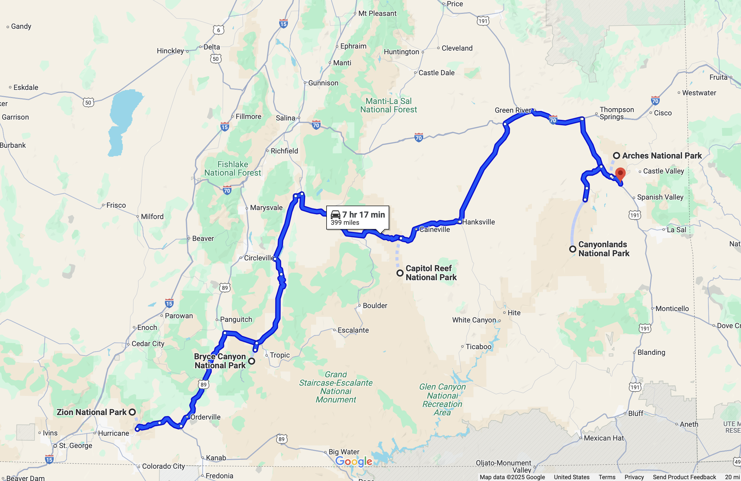 A Google Maps screenshot displaying the best route for a Utah National Parks Road Trip, connecting all five Mighty 5 parks for an epic adventure.